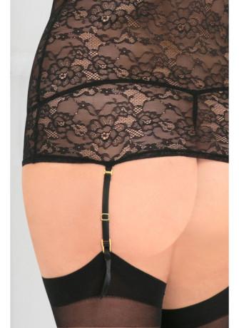 Guêpière noire grande taille dentelle florale et décolleté avec ornements - REN51001X-BLK